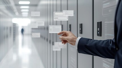 Businessman interacts with virtual data panels in modern server room, reflecting advanced technology solutions.