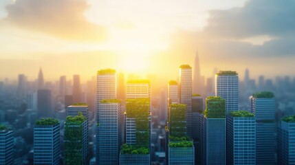 Vibrant Cityscape Featuring Towering Skyscrapers Framed by Lush Green Trees Under a Clear Blue Sky Emphasizing Urban Nature Harmony and Growth