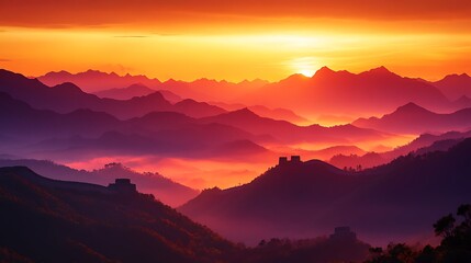 Fototapeta premium The Great Wall of China in silhouette, its watchtowers rising above the ridges, with a warm sunrise painting the sky in hues of red and gold, and layers of mist drifting in the valleys. --ar 16:9