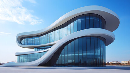 Naklejka premium A modern office building with curved glass windows 