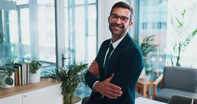 Face, arms crossed and smile with business man in office fr financial advisor, accountant and pride. Happy, corporate portfolio and company fund manager with person for stakeholder consultant