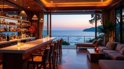 Fototapeta premium Serene coastal living room with a fully stocked home bar featuring a stunning ocean sunset view