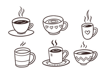 Hand-drawn hot drinks set with doodle-style on a white background. Includes coffee, tea, cappuccino, espresso, latte, americano, and hot chocolate. Vector illustration