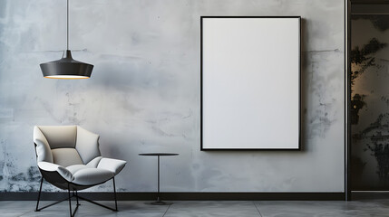 A large blank framed artwork on the wall of minimalist living room