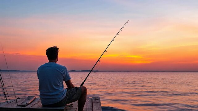 A serene sunset fishing scene by the lake, with a lone angler contemplating the horizon
