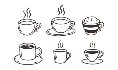 Hand-drawn hot drinks set with doodle-style on a white background. Includes coffee, tea, cappuccino, espresso, latte, americano, and hot chocolate. Vector illustration