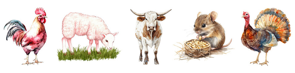 Farm animals including rooster sheep cow mouse and turkey watercolor illustration set isolated on transparent background