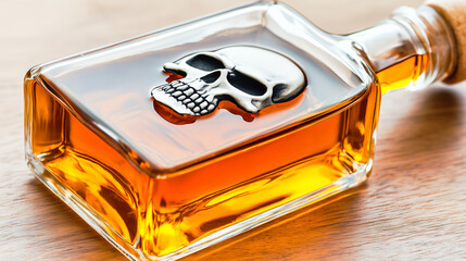 A sleek glass bottle filled with amber liquid features an embossed metal skull on its surface. The warm reflections and unique design create a bold and luxurious impression.