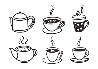 Hand-drawn hot drinks set with doodle-style on a white background. Includes coffee, tea, cappuccino, espresso, latte, americano, and hot chocolate. Vector illustration