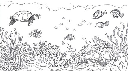 Underwater coral reef scene, black and white, coloring book image, coloring page, kids activity, ocean, education