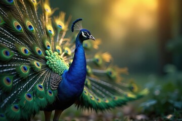 Obraz premium Peacock's plumage glowing with an ethereal light, feathers, soft focus, plumage