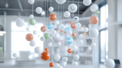 Colorful spheres hanging from strings in modern office setting, creative decor, abstract elements, blurred background.
