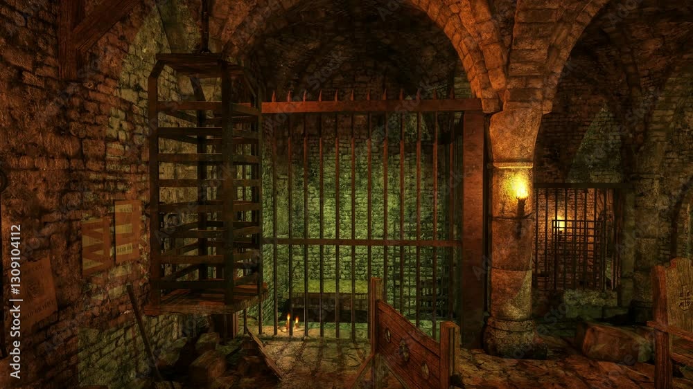 Poster medieval dungeon with prison cell and stocks. 3d animation.