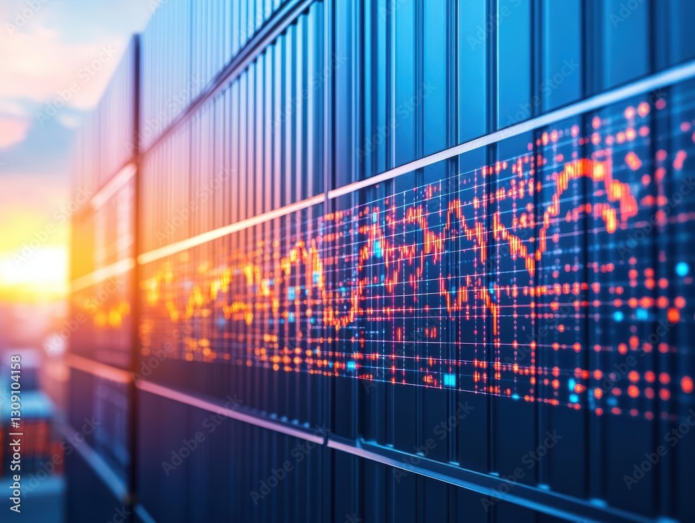 Poster vibrant data center wall displaying dynamic server metrics and analytics visualizations creating a h