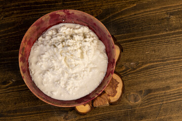 cottage cheese made from lumps with cream close-up