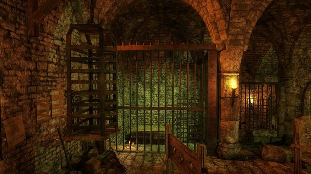 Medieval dungeon with prison cell and stocks. 3D animation.