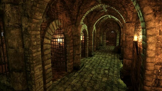 3D animation of a row of cells in a medieval castle dungeon with flickering torch flames.
