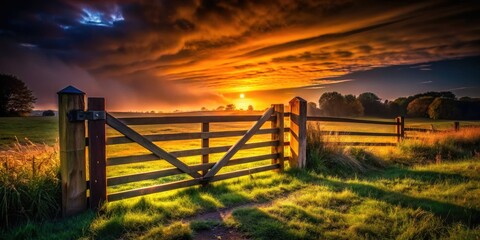 Fototapeta premium Dark rural landscape: a weathered wooden gate stands in shadowy twilight.