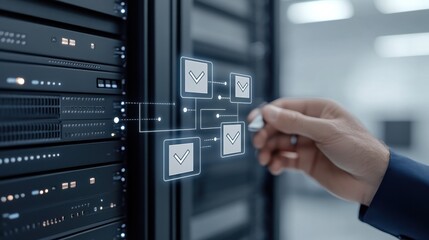 Hand interacting with digital interface in server room, representing network and data management.