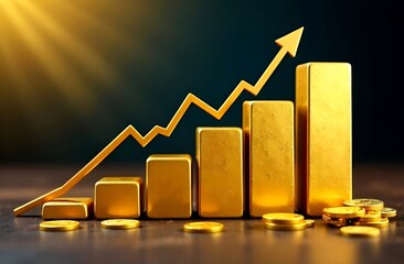Investment in gold bars, economic growth, profit from securities stocks. save money for investment, growing stock funding exchange chart arrow going up. concept of growing economy. dark background