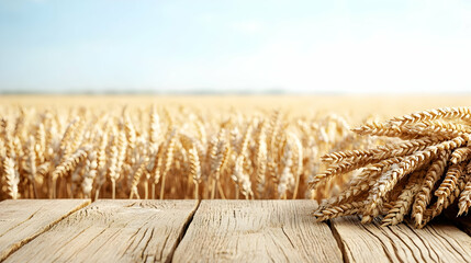 Golden Wheat Field with a Rustic Wooden Table and Wheat Ears in the Foreground