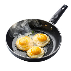 Fried egg in frying pan isolated on white surface