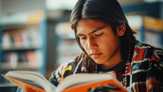 young native american man reading book in library with focused expression. education, knowledge pursuit. cultural heritage, educational multicultural programs, learning language.