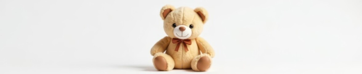 A charming brown teddy bear, sitting on a white backdrop, plush, sweet
