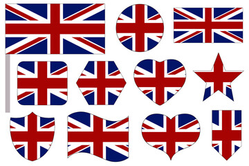 UK flag icon set in different shapes isolated on white