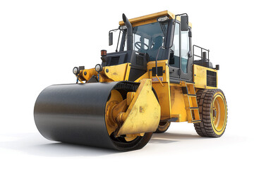 Fototapeta premium Heavy-duty yellow road roller, showcasing power and precision in construction work.