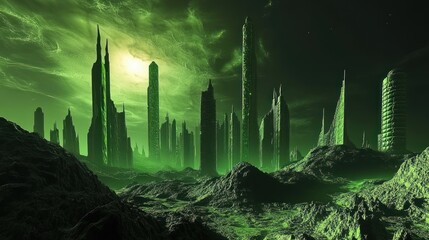 Alien Cityscape: A Glowing Green Metropolis on a Distant Planet