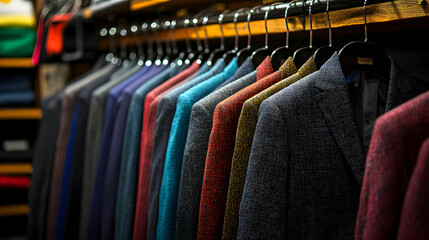 Row Of Colorful Tailored Suits Displayed On Hangers In A Clothing Store with Shallow Depth Of Field