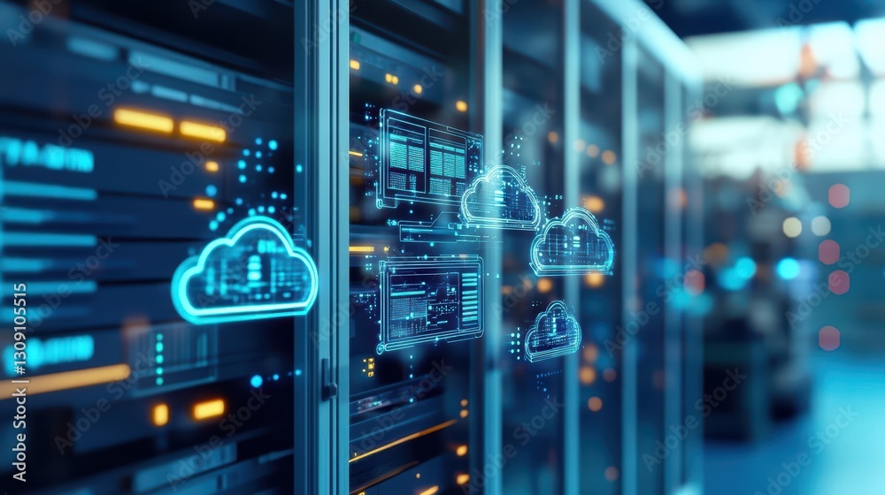 Poster cloud computing server with icon representing digital infrastructure and connectivity conceptualizin