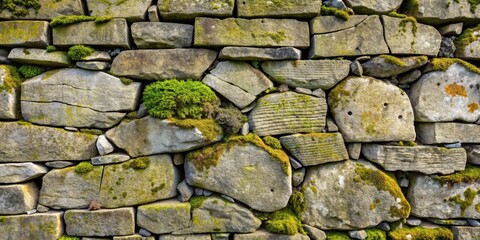 Fototapeta premium Ancient Stone Wall with Lush Moss Growth, a Textured Background of Irregularly Shaped Stones