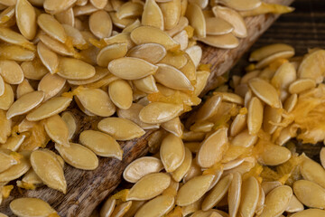 wet fresh seeds of ripe orange pumpkin
