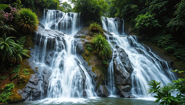 Cascading waterfall flowing over rocky terrain amidst lush greenery serene and natural scene