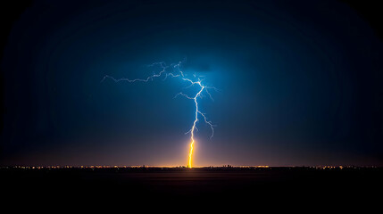 Spectacular Lightning Strike Illuminating Night Sky Over City Horizon