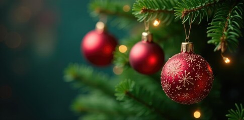 Fototapeta premium Sparkling ornaments on a Christmas tree branch, greenery, fir