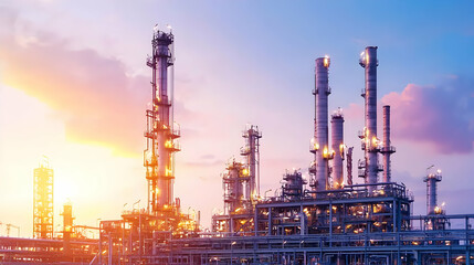 Industrial Complex At Sunset With Metallic Structures Glowing Lights And Orange And Blue Sky