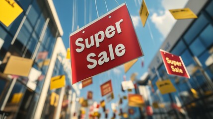 Super Sale Signs Hanging Over City Buildings