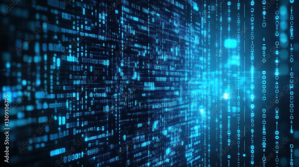 Poster deep dark blue background with cascading binary numbers creating a futuristic and tech inspired atmo