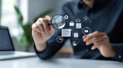 Man using magnifying glass with digital icons floating, concept of technology, innovation and data analysis.