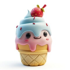 A cute, cartoonish ice cream cone topped with a juicy strawberry, showcasing vibrant colors and a cheerful face.