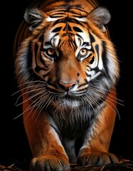 Naklejka premium Generated imageStriking close-up portrait of a tiger with a direct gaze, set against a dark background, highlighting its majestic features.