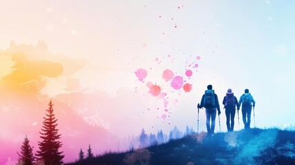 Two Individuals Strolling Along a Scenic Hilltop with Lush Green Trees and Majestic Mountains in the Background Under a Clear Blue Sky