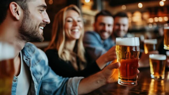 Happy young friends toasting with beer glasses in pub
