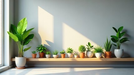 Fototapeta premium Serene Indoor Garden Display A Collection of Lush Green Plants in Various Pots Arranged on a Simple Wooden Shelf, Basking in Soft Sunlight Against a Neutral Wall