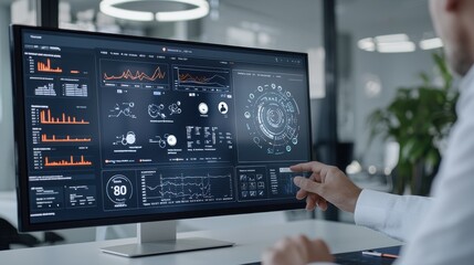 Fototapeta premium Person analyzing digital dashboard with data visualizations on a computer monitor in a modern office setting.