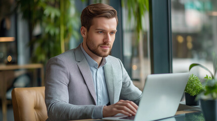 Successful businessman using laptop with green screen display, work environment, corporate setting, computer screen, professional, productivity, technology
