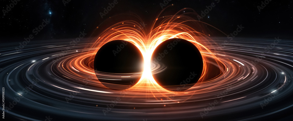 Poster dramatic illustration of two black holes merging in dynamic cosmic event surrounded by energy stream